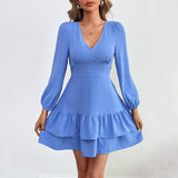 V-Neck Backless Lace Long-Sleeved Dress With Ruffles