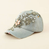 DIAMOND EMBELLISHED DISTRESSED DENIM BASEBALL CAP CWAH1390