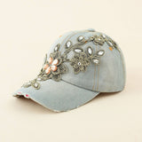 DIAMOND EMBELLISHED DISTRESSED DENIM BASEBALL CAP CWAH1390