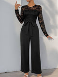Solid Color Jumpsuit Lace Patchwork Zipper