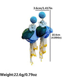 BOHO LONG TASSEL EARRINGS HANDMADE FABRIC FLOWERS_CWMM6165
