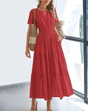 V-Neck Pleated Puffy Sleeve Short Sleeved Dress