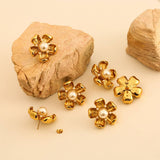 Vintage Style Pearl Titanium Steel Flower Earrings_Cwmm8912