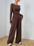Solid-Color Long-Sleeved Wide-Leg Long Pants Set
