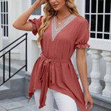 V-Neck Lace Jacquard Lace Up Short Sleeved Dress