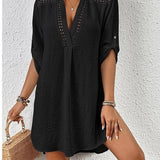 White Lace V-Neck Beach Cover Up Blouse_Cwmm6149