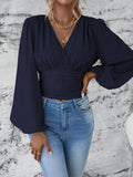 Waistband V-Neck Sleeved Ruffled Long-Sleeved Top