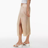 LACE UP SATIN SKIRT HIGH WAIST SLIT STRAIGHT SKIRT_CWBSS0416