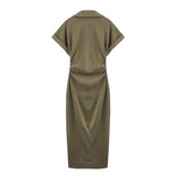 LINEN COLLARED SHORT SLEEVE MIDI DRESS FOR WOMEN_CWDMD5785