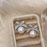 Womens Vintage Full Diamond Bow Pearl Earrings