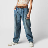 Washed Heavy Duty Waist Straight Leg Pocket Jeans