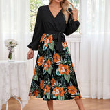 V-Neck Print Long-Sleeved Pleated Dress