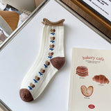 White Coffee Color Floral Print Crew Socks_Cwms0298