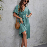 Solid Color V-Neck High-Waisted Mid-Length Dress