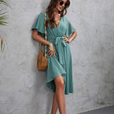 Solid Color V-Neck High-Waisted Mid-Length Dress