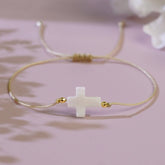 IRON GALLSTONE SHELL CROSS HAND BEADED BRACELET_CWMM3863