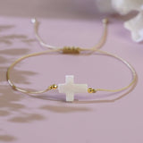 IRON GALLSTONE SHELL CROSS HAND BEADED BRACELET_CWMM3863