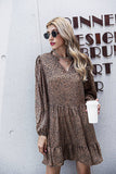 V-Neck Leopard Print Ruffled Long-Sleeved Dress