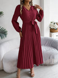 V-Neck Button-Up Long Pleated Dress