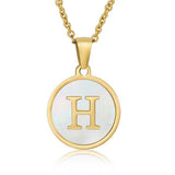 Cwaje1934_Round Stainless Steel White Shell Letter Necklace