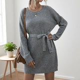 Solid-Color Laid-Back Lace-Up Knitted Dress