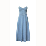 V-Neck Halter Strap Elastic Denim Long Dress