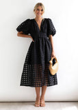 V-Neck Hollowed-Out Lantern Sleeve Dress