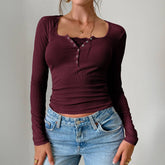 Y2K Slim Trim Lace Button U Neck Ribbed Top