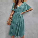 Solid Color V-Neck High-Waisted Mid-Length Dress