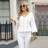 V-Neck Diamond Check Hollow-Out Jacquard T-Shirt