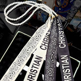 Black White Pearl Silk Scarf Belt_Cwasc04002