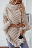 Cwocas0045_Thick Fur Collar Vintage Plaid Knitted Cape Shawl