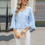 V-Neck Diamond Check Hollow-Out Jacquard T-Shirt