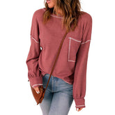 Waffle Solid Color Pocket Knitted Top Woman