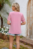 Solid Color Crew Neck Patchwork Lace Casual Top