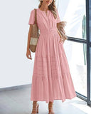 V-Neck Pleated Puffy Sleeve Short Sleeved Dress