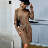 Solid Color Sweater Dress With High Neck And Slit