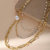 STAINLESS STEEL SMALL PEARL THREE LAYER NECKLACE_CWMM3581