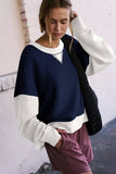 Two-Tone Round-Neck Loose Pullover Hoodie