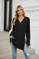 Solid-Color V-Neck Long-Sleeved Loose Slit Top