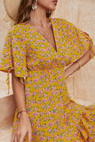 V-Neck Waist Floral Print Short Dress