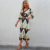 V-Neck Lapel Lace-Up Slim-Fit Long-Sleeved Dress