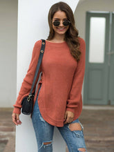 Solid Color Crew Neck Pullover With High Split
