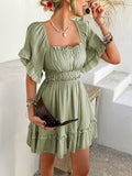 Vacation-Style Ruffle Sleeve Solid Color Dress