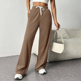 Solid Color Elastic Waist Slim Straight Leg Pants