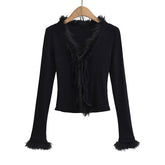 Woolly Patchwork Strap Slim-Fit V-Neck Cardigan