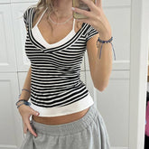 V-Neck Stripe Color Patchwork Fake Two T-Shirts
