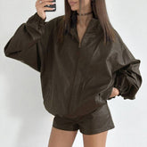 Vintage Simple Loose Zip-Up Lapel Womens Jacket