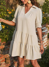 Womens V-Neck Colorblock Puff Sleeve Dress