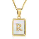 Cwaje1917_Square Stainless Steel White Shell Letter Necklace